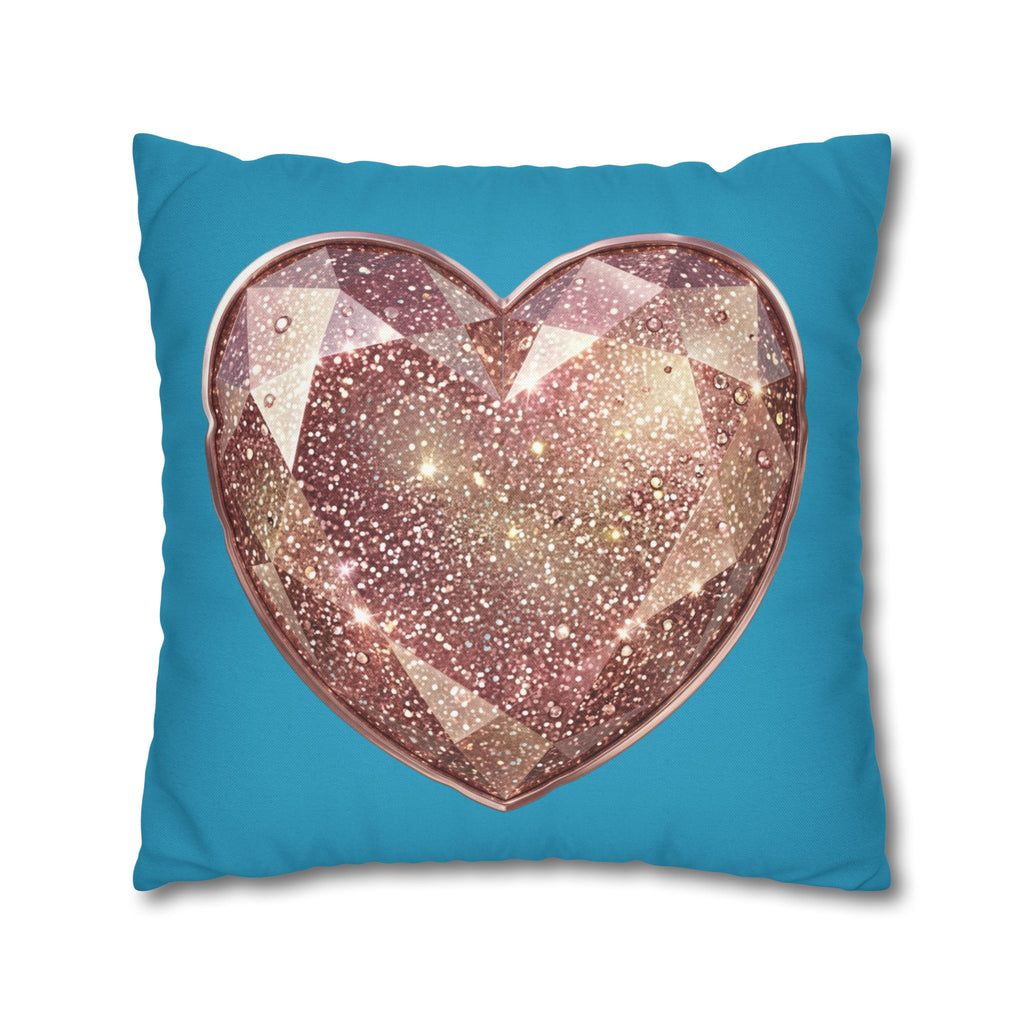 Sparkling Rose Crystal Heart Pillowcase — Decorative Square Throw Pillow Cover- Turquoise