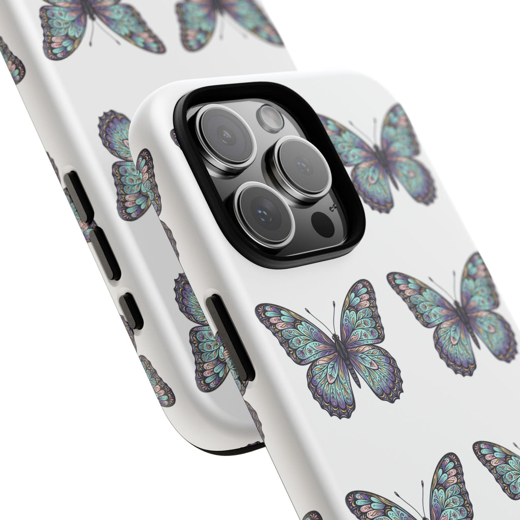 Butterfly Pattern Tough Phone Case — Vintage Teal Floral Protective Cover