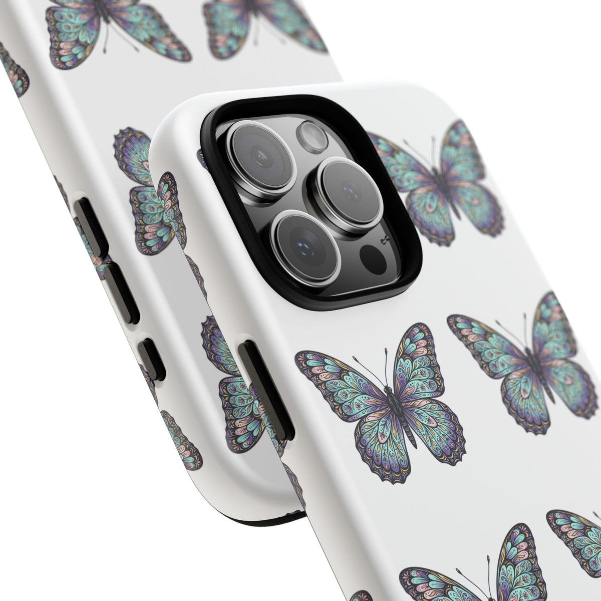 Butterfly Pattern Tough Phone Case — Vintage Teal Floral Protective Cover