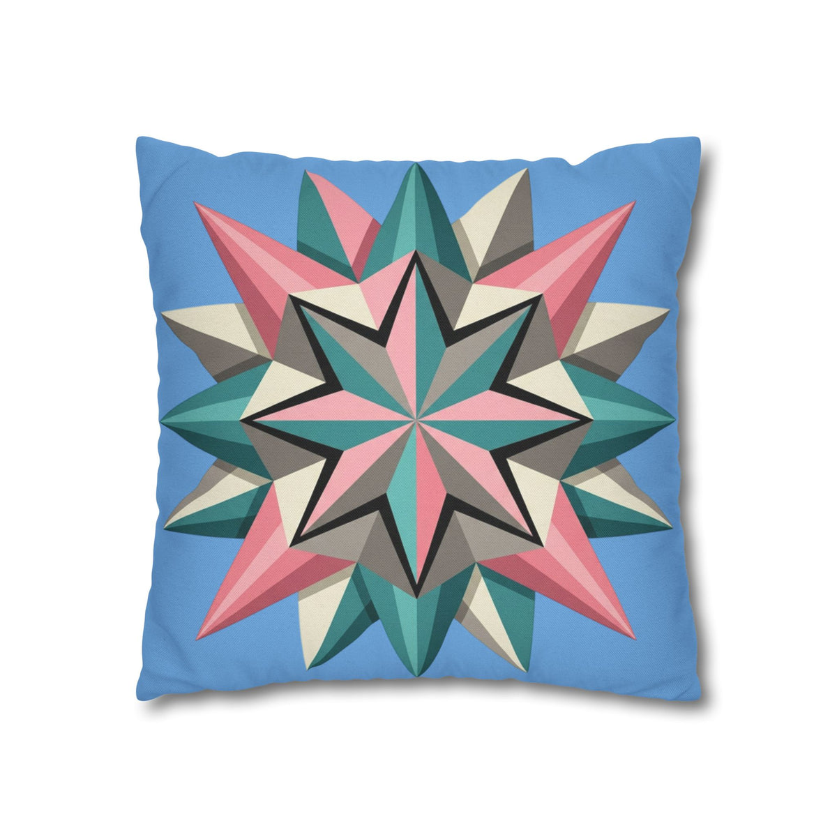 Geometric Starburst Throw Pillowcase – Pastel Compass Design on Sky Blue