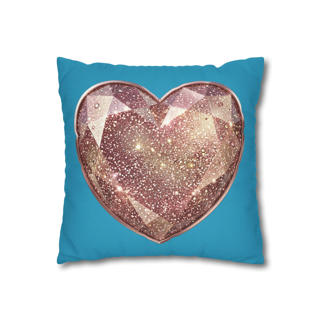 Sparkling Rose Crystal Heart Pillowcase — Decorative Square Throw Pillow Cover- Turquoise
