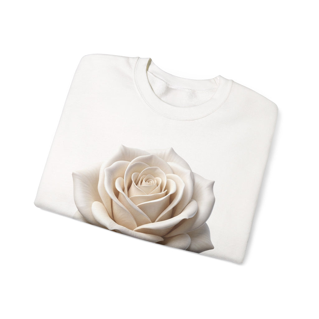 White Rose Crewneck Sweatshirt — Elegant Botanical Floral Pullover
