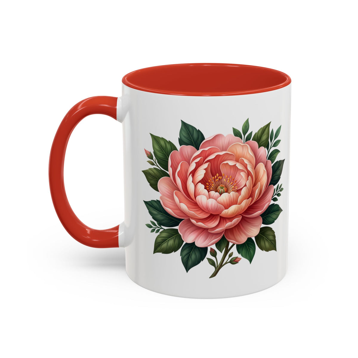 Floral Peony Accent Coffee Mug — Pink Rose Bloom Ceramic Cup