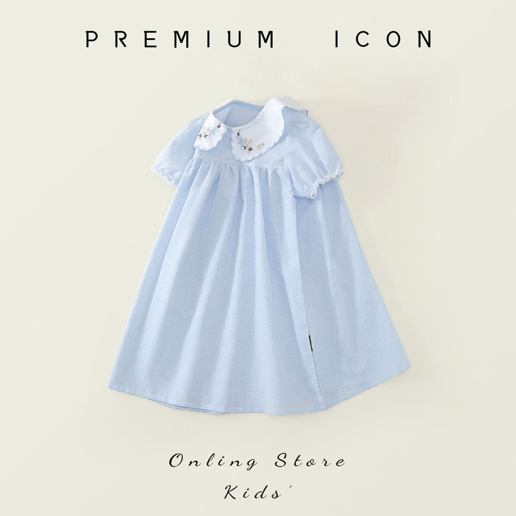 Girls' Peter Pan Collar Embroidered Short Sleeve Dress