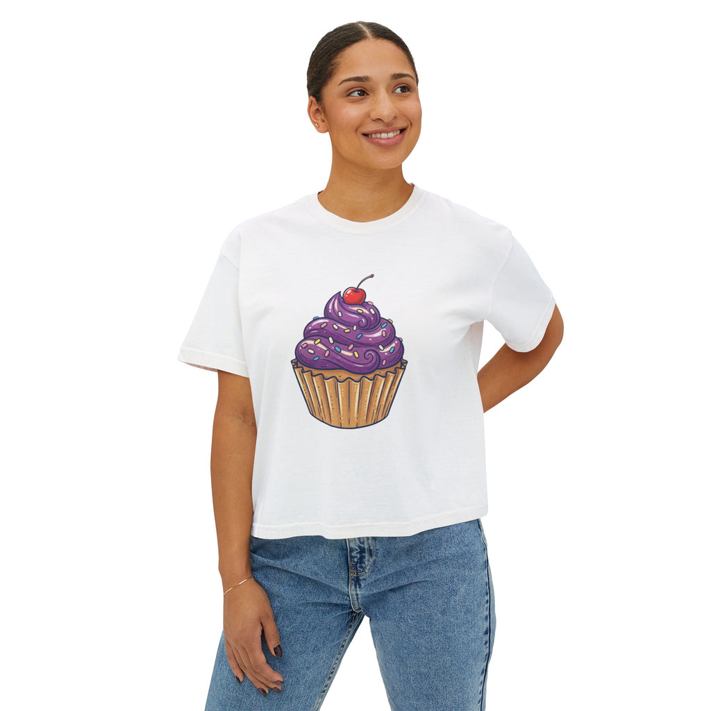 Cupcake Graphic Boxy Tee — Cute Purple Frosting Women's T-Shirt
