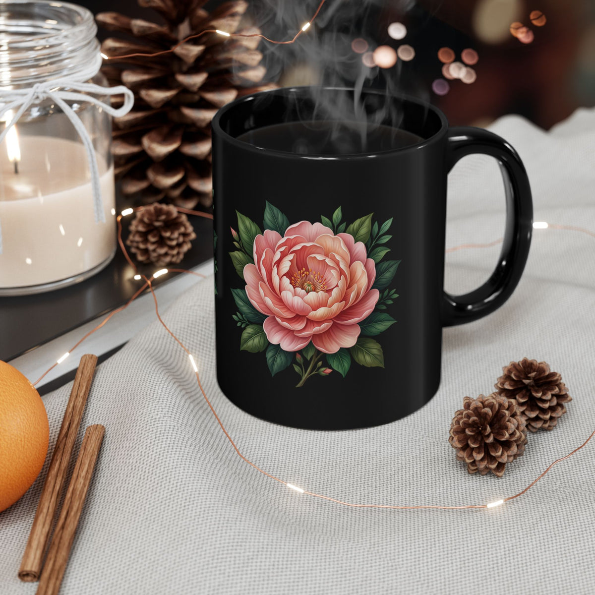 Floral Peony Black Mug — Pink Rose Coffee Cup (11oz, 15oz)
