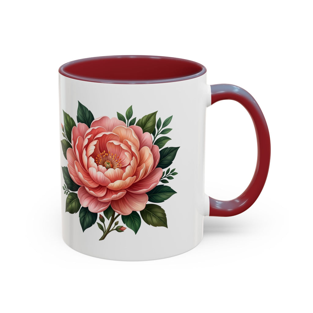 Floral Peony Accent Coffee Mug — Pink Rose Bloom Ceramic Cup