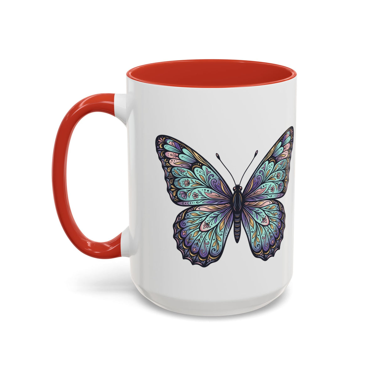 Butterfly Accent Coffee Mug — Teal Mandala Wing Design (11/15oz)