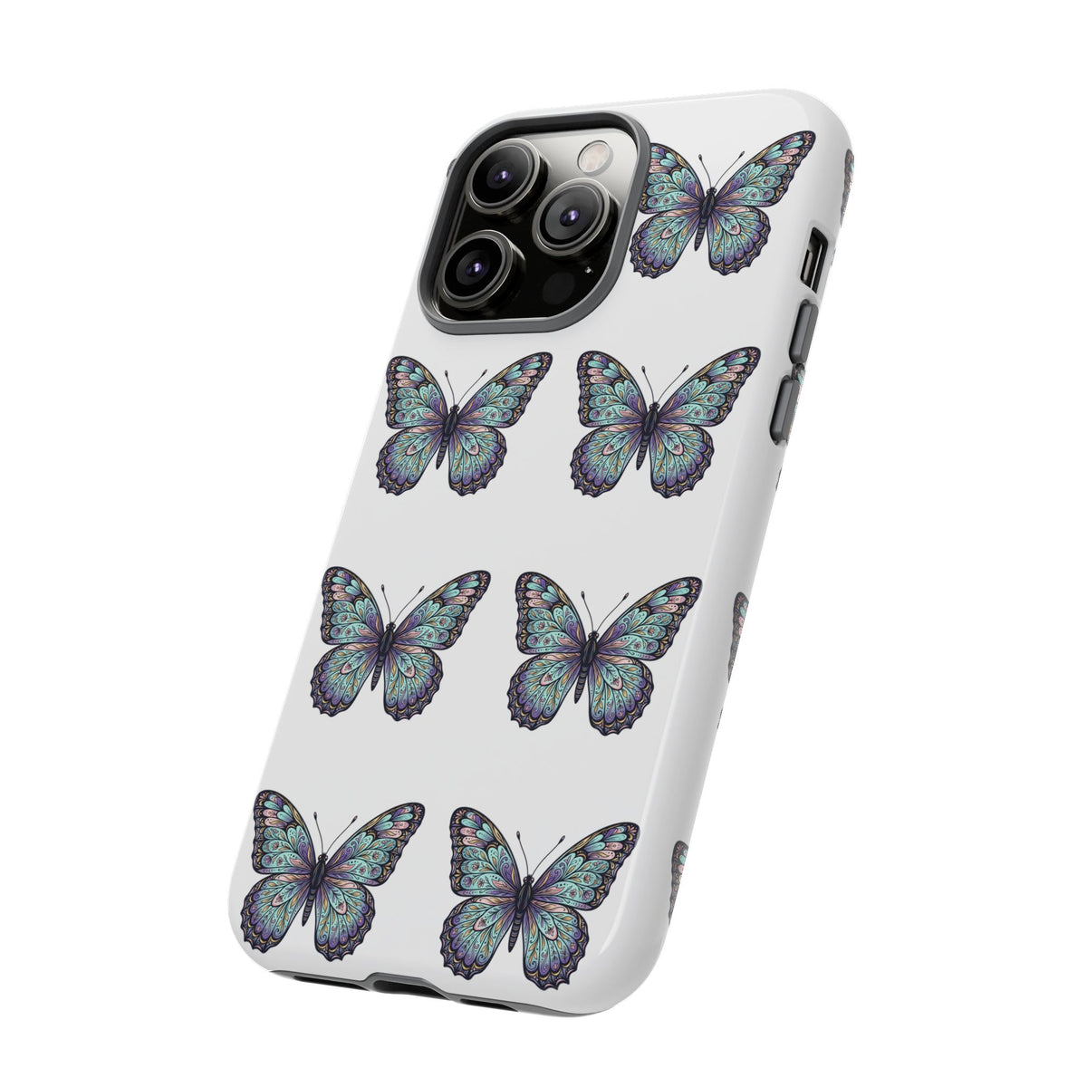 Butterfly Pattern Tough Phone Case — Vintage Teal Floral Protective Cover