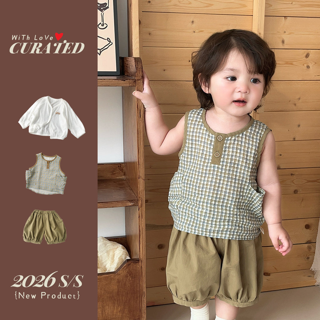 Baby Boy Summer Two-piece Set, Simple Checkered Sleeveless Vest, Loose Lantern Shorts