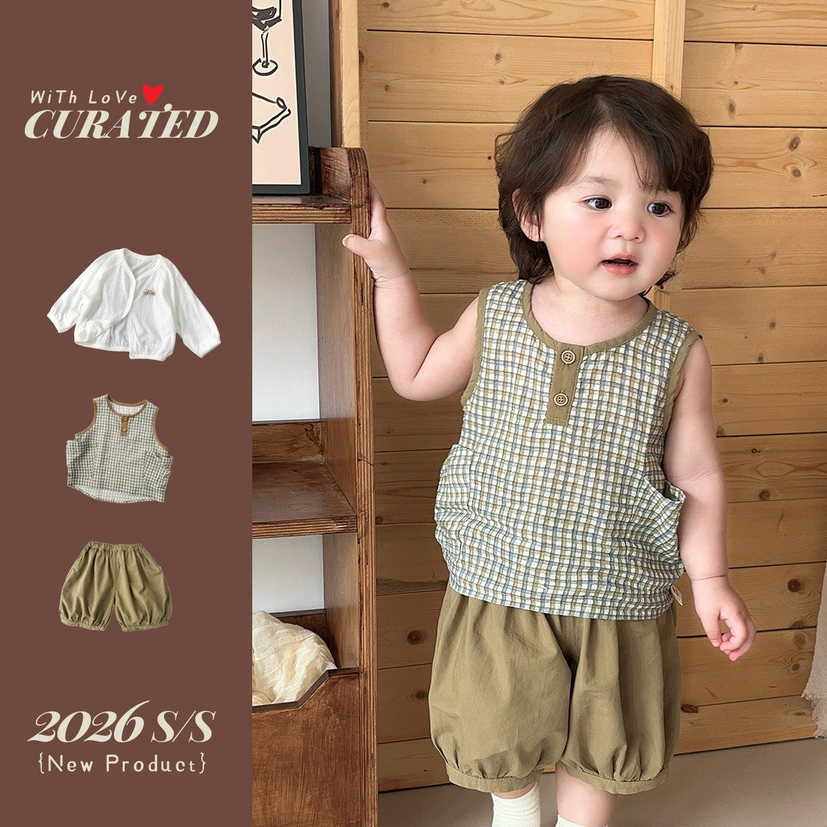 Baby Boy Summer Two-piece Set, Simple Checkered Sleeveless Vest, Loose Lantern Shorts