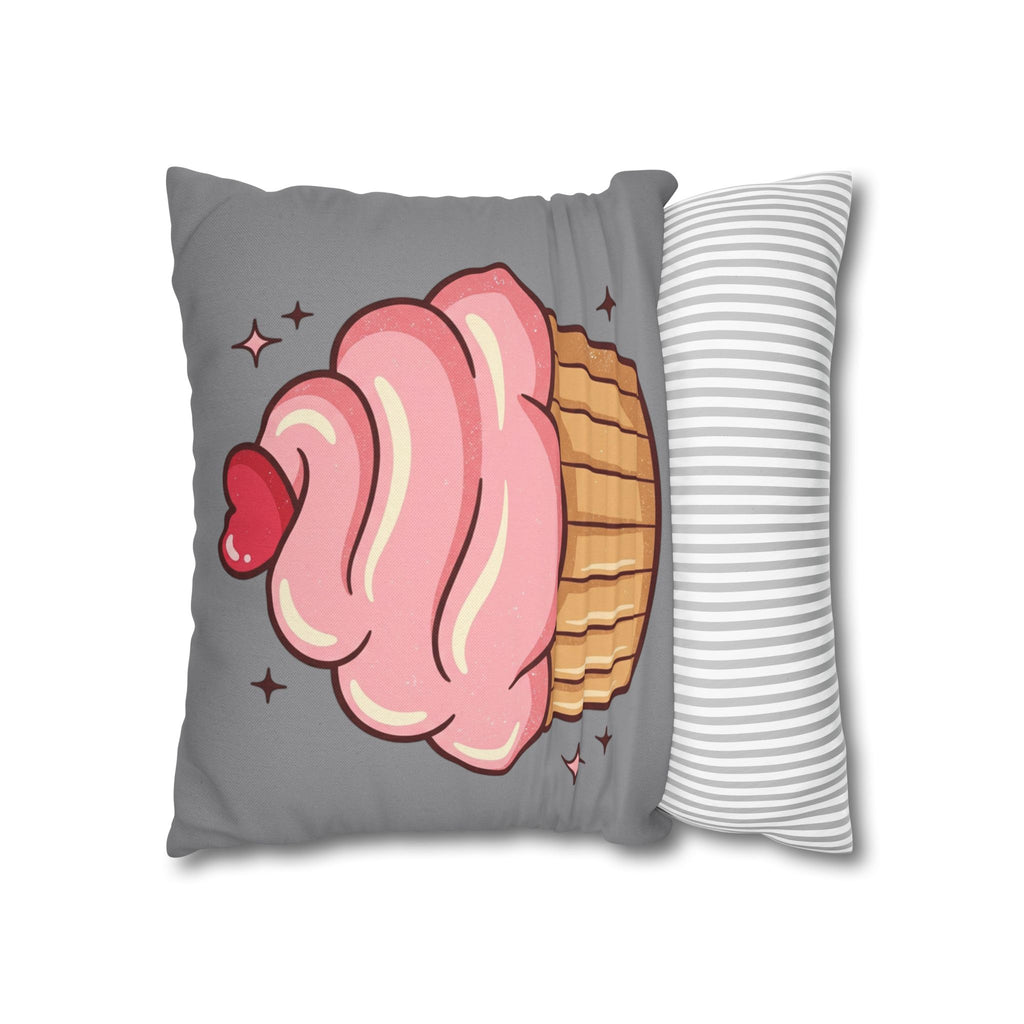 Pink Cupcake Spun Polyester Square Pillowcase- Grey