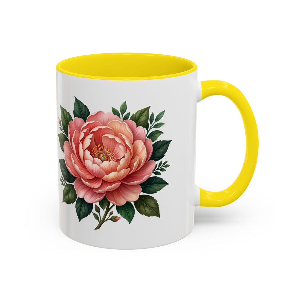 Floral Peony Accent Coffee Mug — Pink Rose Bloom Ceramic Cup