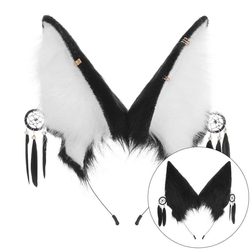 Handmade Plush Animal Ears Headband with Dreamcatcher Accessory, Halloween Costume Anubis Egyptian Cosplay Headpiece
