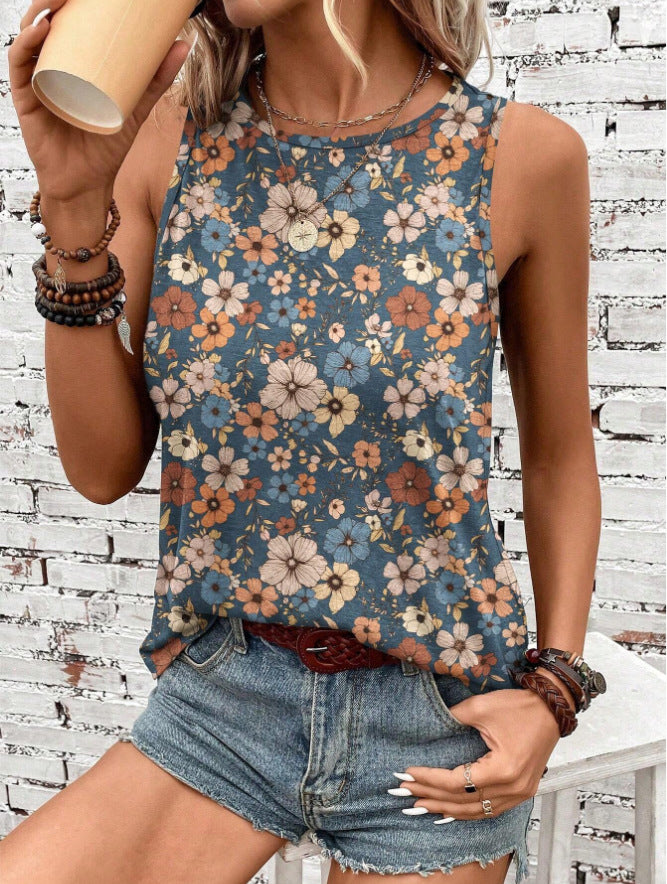 Women's Sleeveless Vest Printed Loose Casual Summer Tops Round Neck