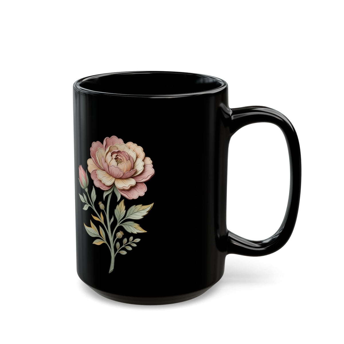 Floral Vintage Rose Black Ceramic Mug — Elegant Pink Peony Coffee Cup (11oz/15oz)