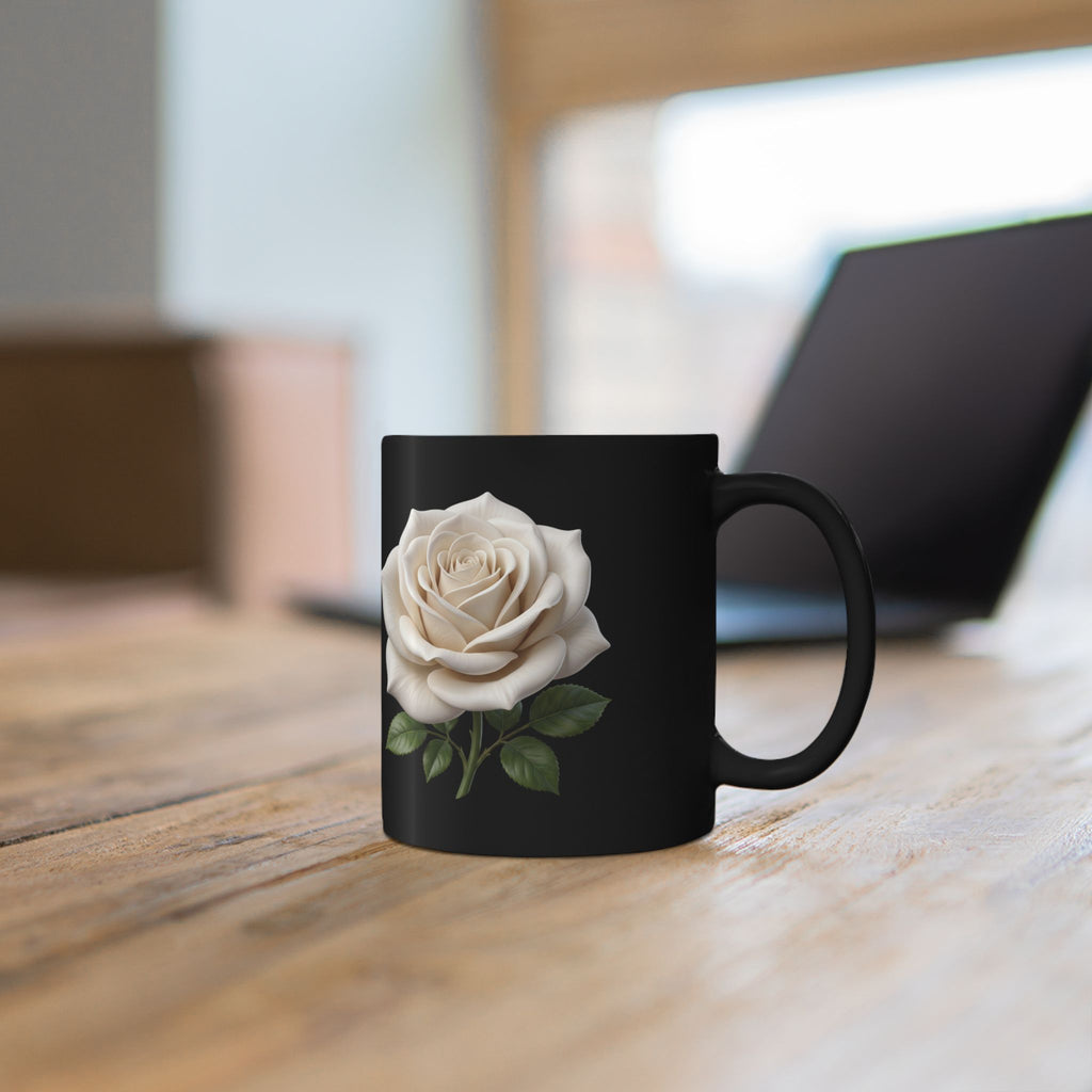 White Rose Black Mug — Elegant Floral Coffee Cup (11oz & 15oz)