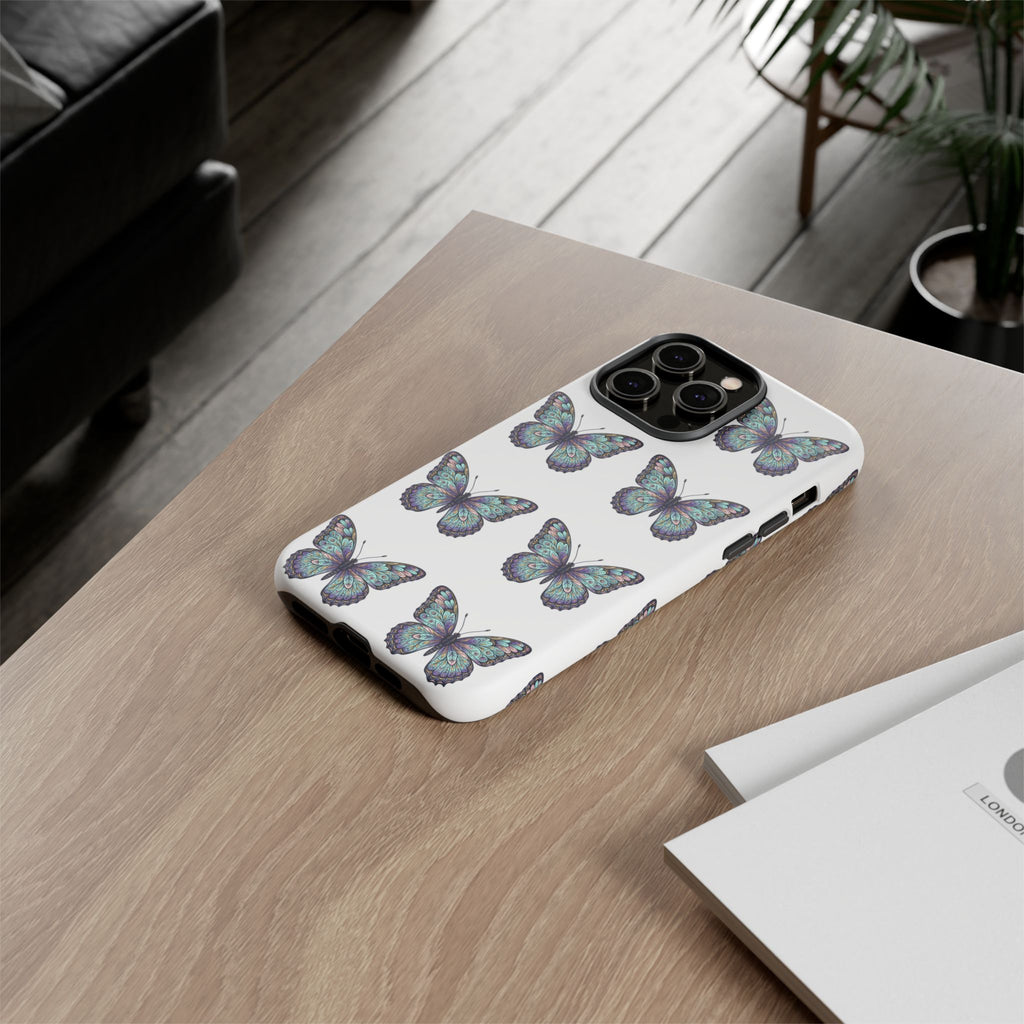 Butterfly Pattern Tough Phone Case — Vintage Teal Floral Protective Cover