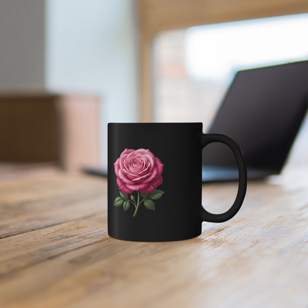 Pink Rose Black Mug — Elegant Floral Coffee Cup (11oz & 15oz)