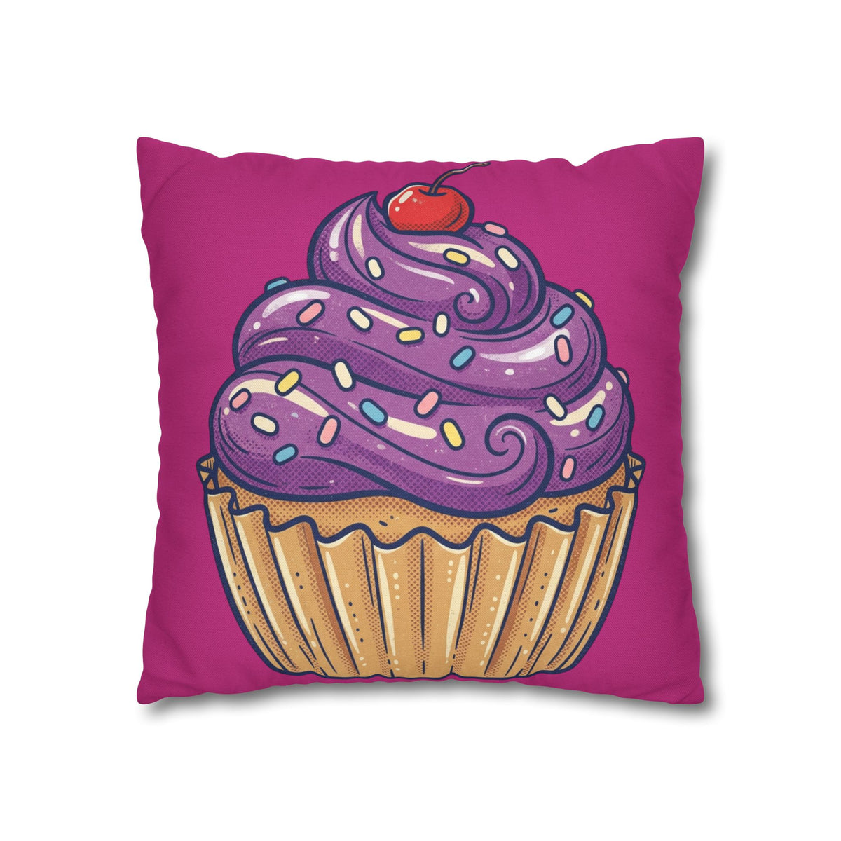 Cupcake Illustration Pillowcase - Purple Frosting Decorative Throw Pillow Cover- Magenta