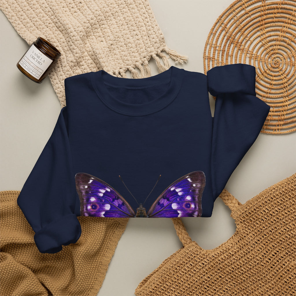 Purple Butterfly Crewneck Sweatshirt — Vibrant Nature Graphic Pullover