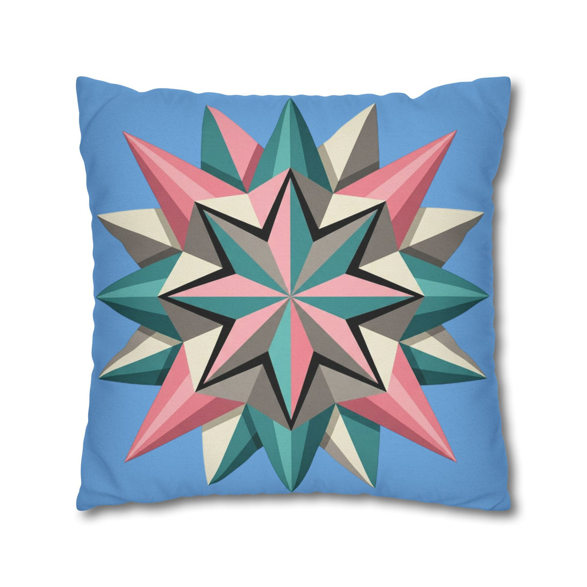 Geometric Starburst Throw Pillowcase – Pastel Compass Design on Sky Blue