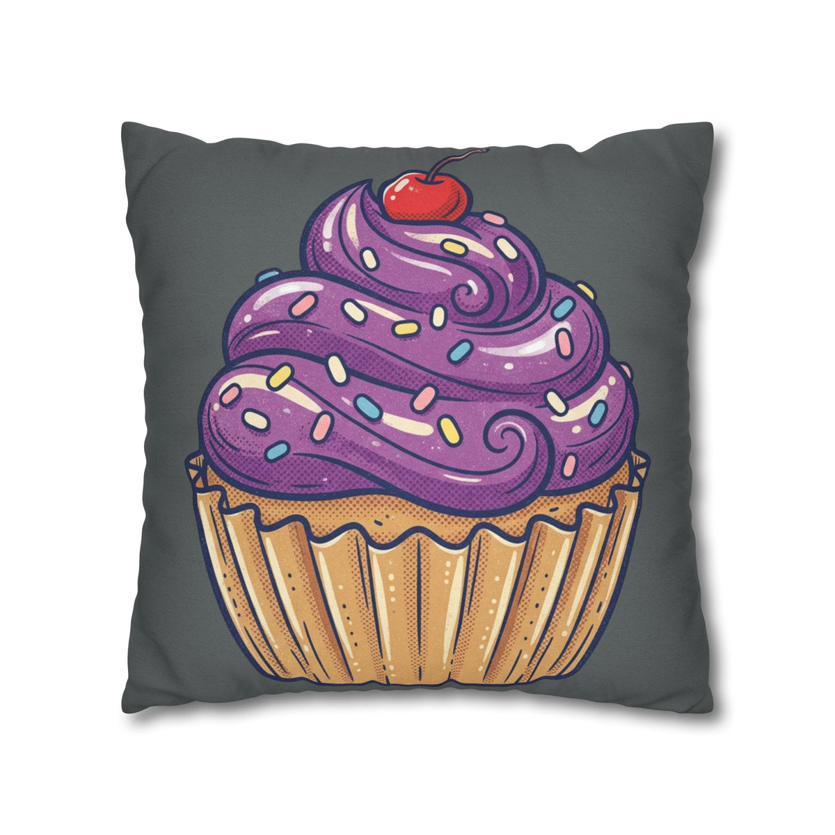 Cupcake Pillowcase — Whimsical Purple Frosting Decorative Throw Pillow- Dark Grey
