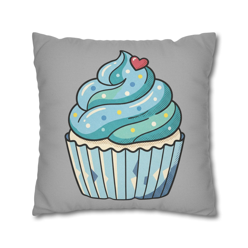 Cupcake Pillowcase — Cute Blue Dessert Decorative Throw Pillow- Light Grey