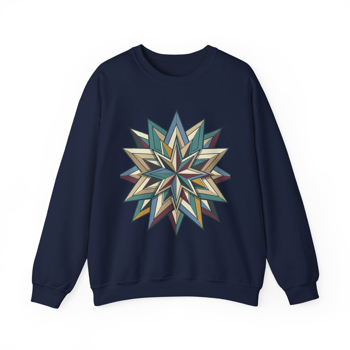 Crewneck Sweatshirt — Geometric Starburst Mandala Design
