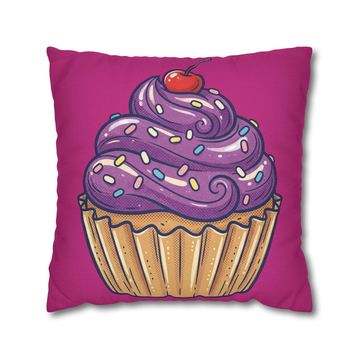 Cupcake Illustration Pillowcase - Purple Frosting Decorative Throw Pillow Cover- Magenta