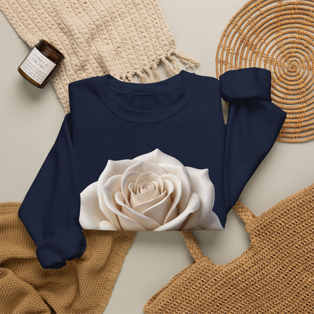 White Rose Crewneck Sweatshirt — Elegant Botanical Floral Pullover
