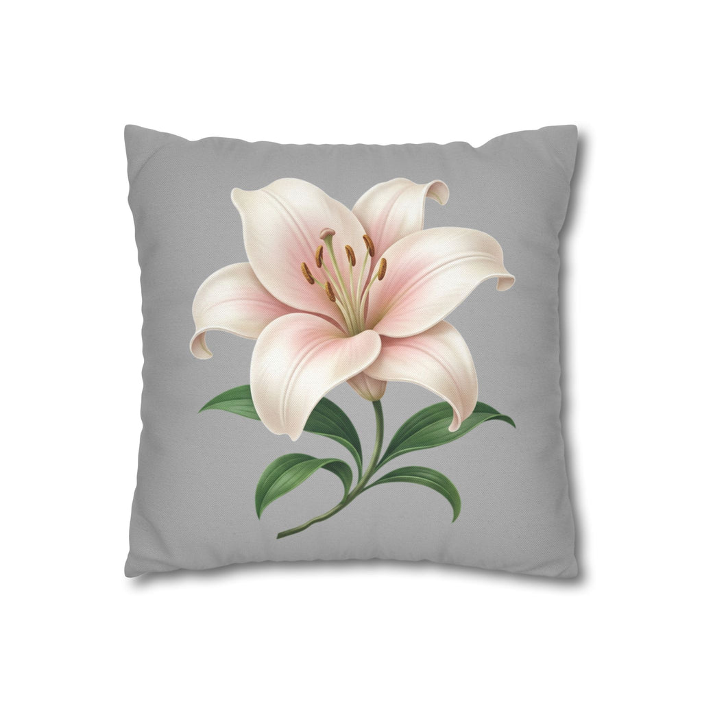 Floral Lily Throw Pillowcase — Pink Lily on Gray Decorative Cushion Cover
