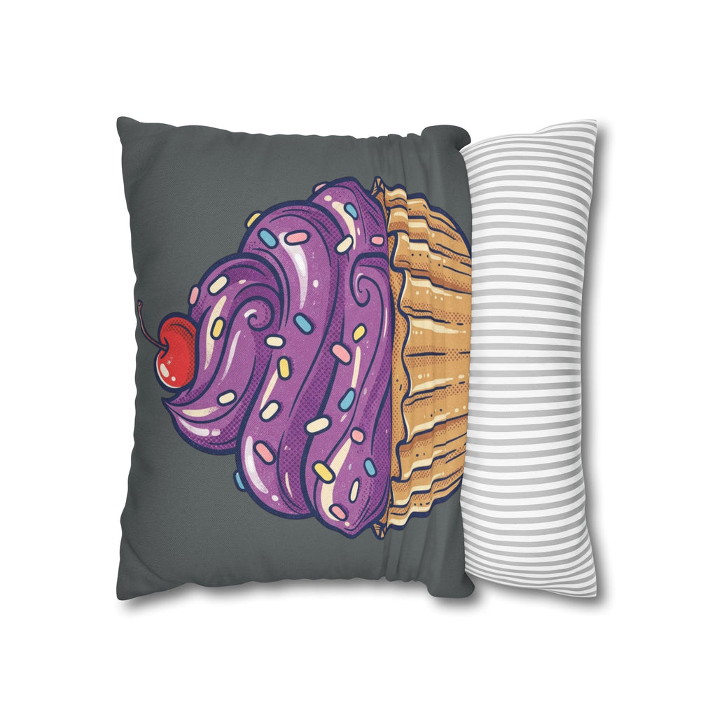 Cupcake Pillowcase — Whimsical Purple Frosting Decorative Throw Pillow- Dark Grey