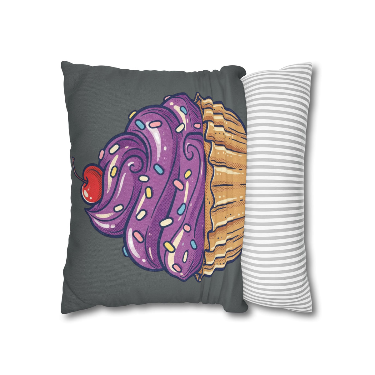 Cupcake Pillowcase — Whimsical Purple Frosting Decorative Throw Pillow- Dark Grey