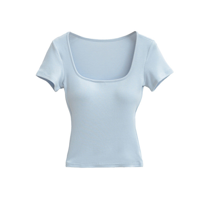 Slim Fit Round Neck Candy Color Short Sleeve T-Shirt with Padded Cups