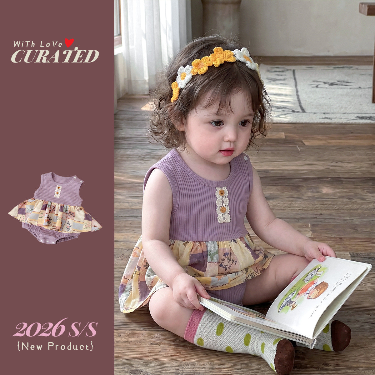 Striped Floral Patchwork Onesie, Newborn Baby Outfit for Outdoor Wear