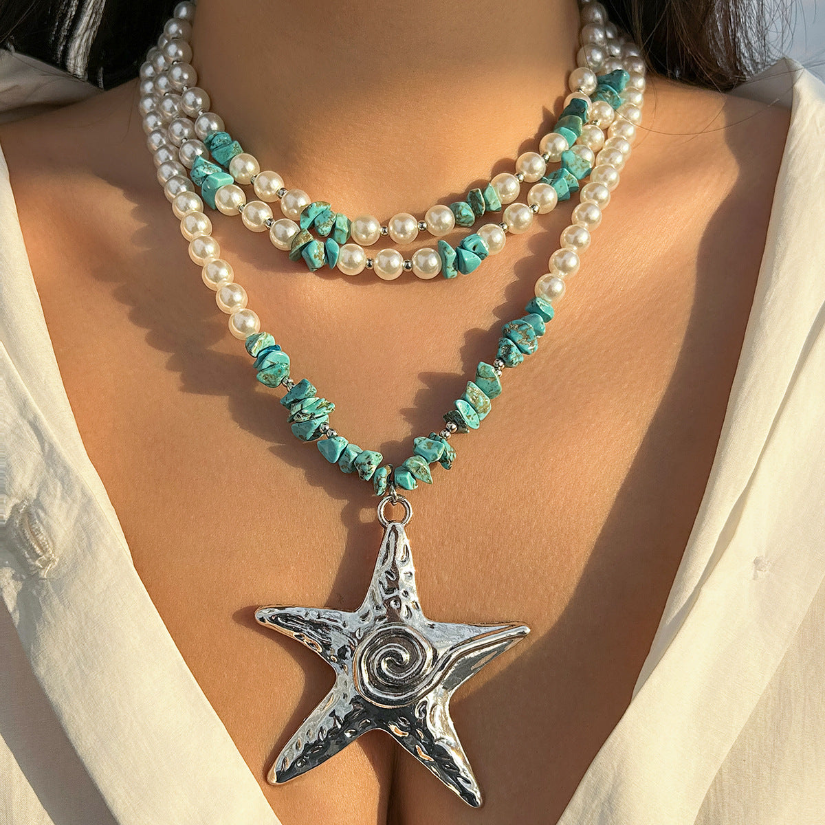 Starfish pendant necklaces, niche women's necklaces, layered imitation pearl ocean style
