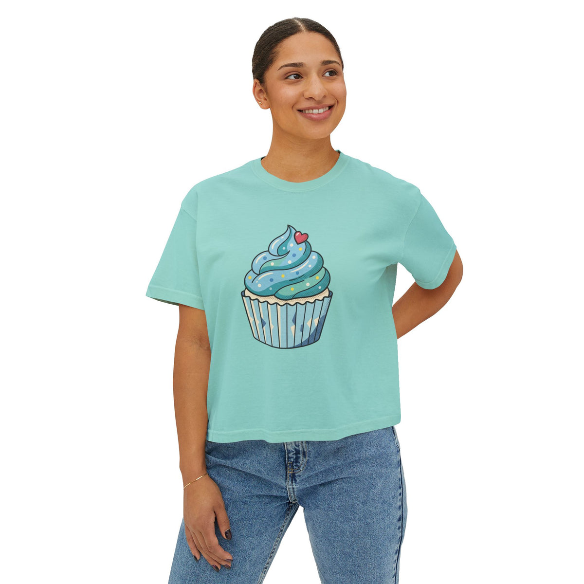 Cupcake Graphic Boxy Tee — Cute Blue Cupcake Women's Cropped T-Shirt