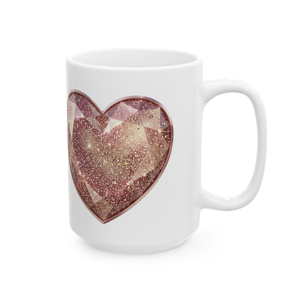 Sparkling Rose Gold Heart Ceramic Mug – Glitter Gemstone Love Coffee Cup (11oz, 15oz)