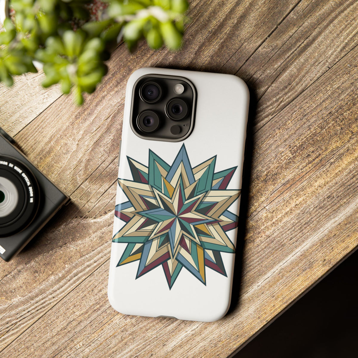 Geometric Star Phone Case — Teal & Earthtone Mandala Design