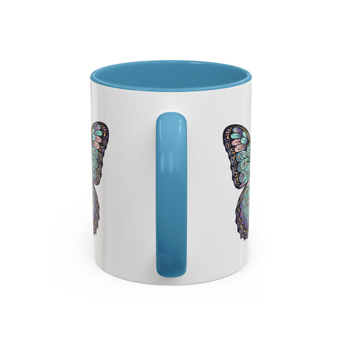 Butterfly Accent Coffee Mug — Teal Mandala Wing Design (11/15oz)