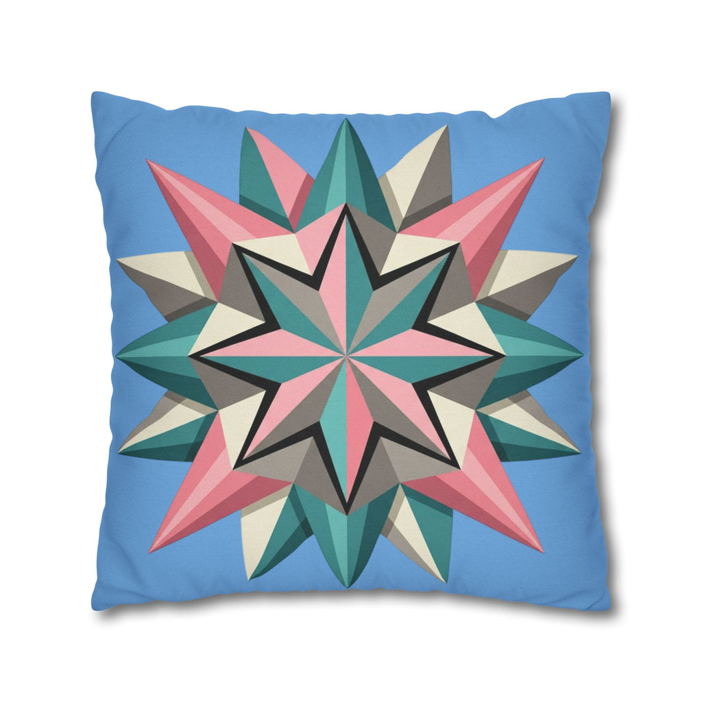 Geometric Starburst Throw Pillowcase – Pastel Compass Design on Sky Blue