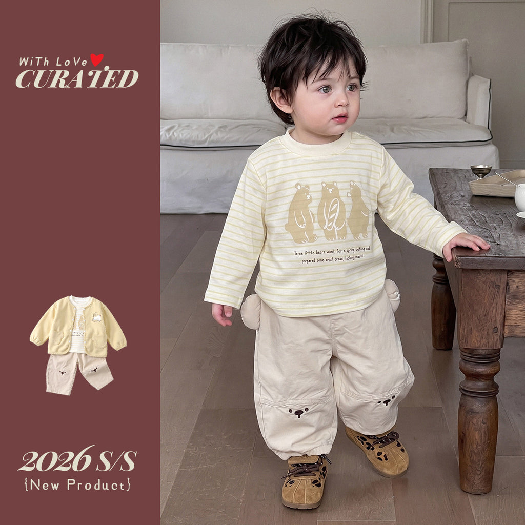 Korean Style Autumn Boys' 3-Piece Set, Simple Jacket, Striped T-Shirt, Cartoon Casual Pants, Kids Outfit