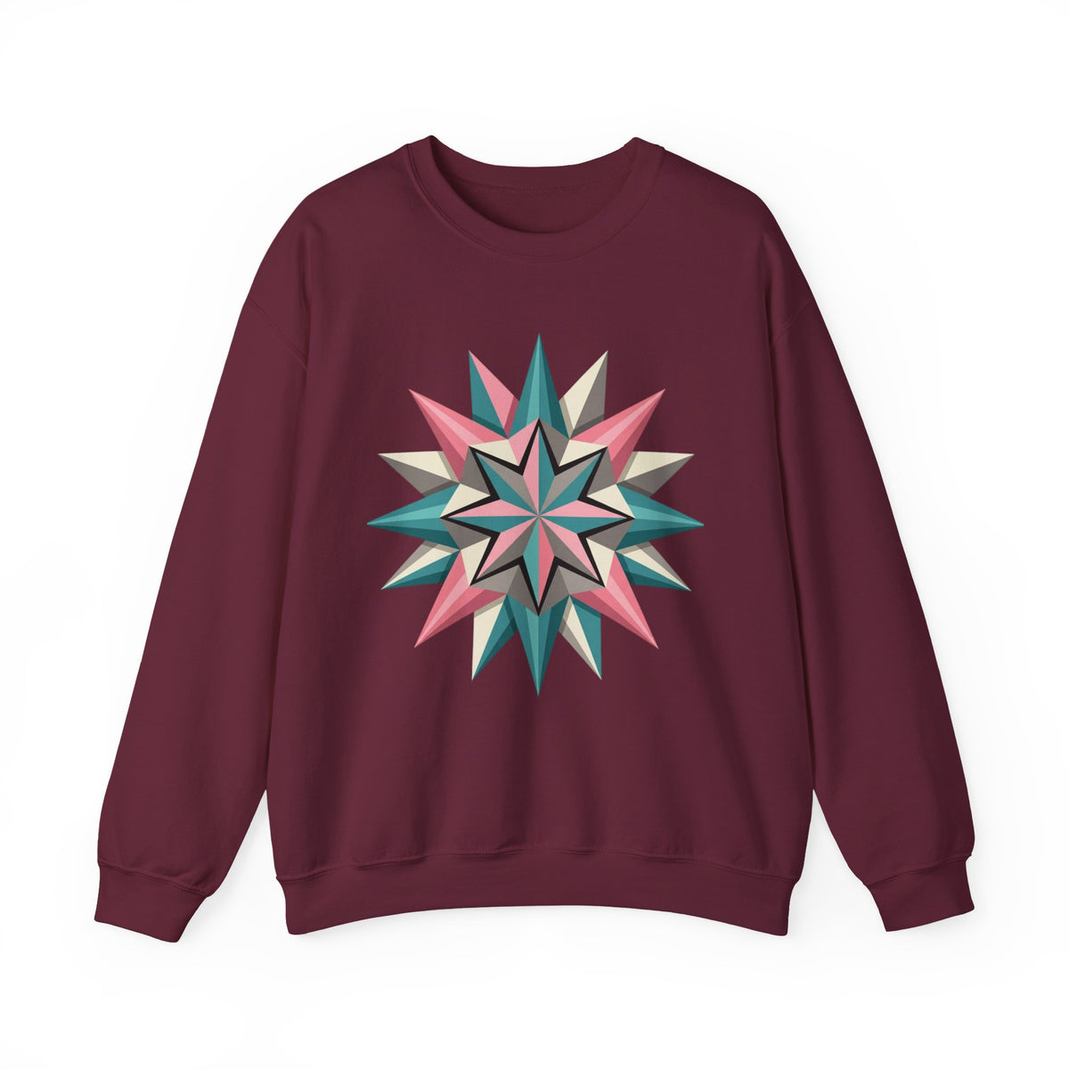 Geometric Starburst Crewneck Sweatshirt — Pink Teal Modern Compass Design