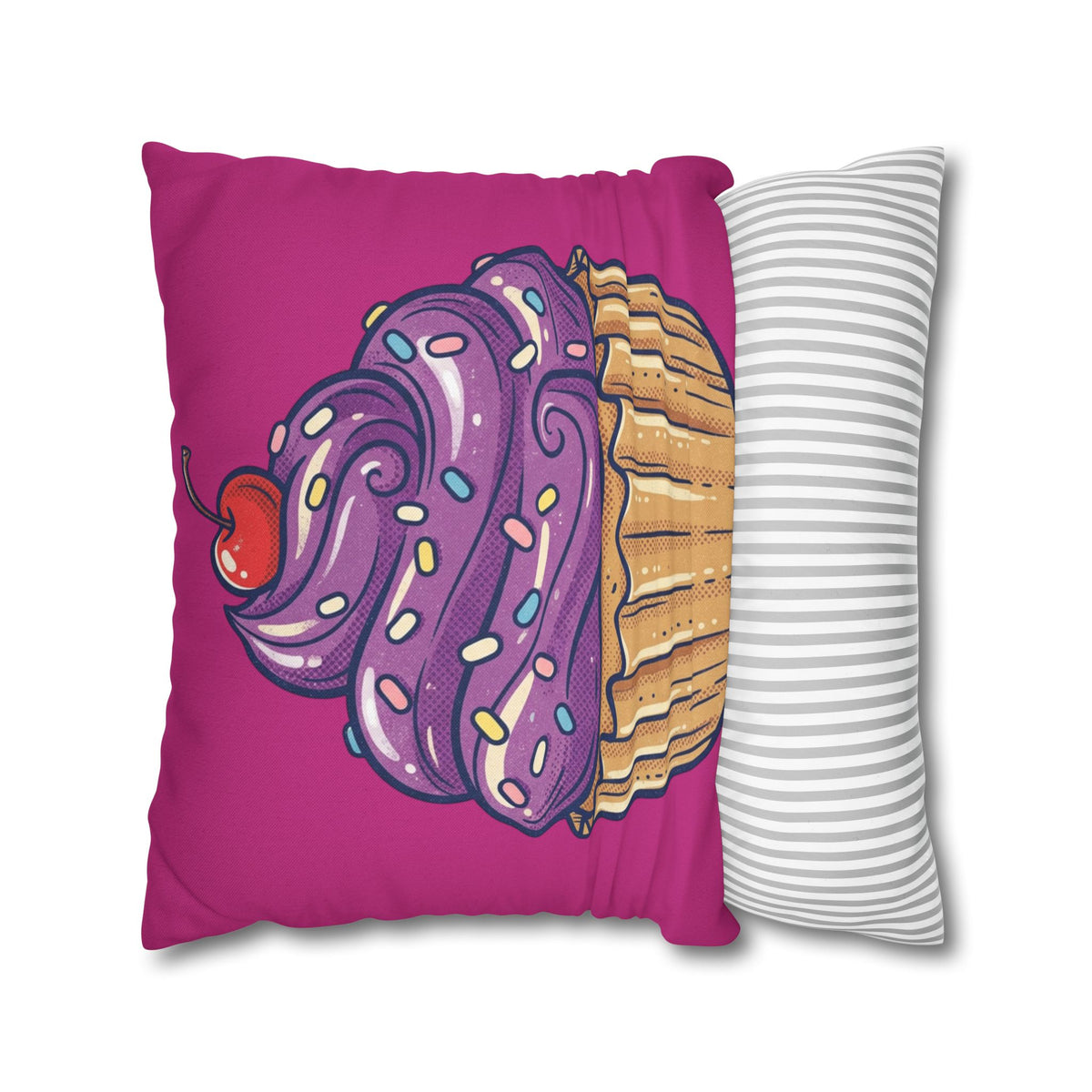 Cupcake Illustration Pillowcase - Purple Frosting Decorative Throw Pillow Cover- Magenta