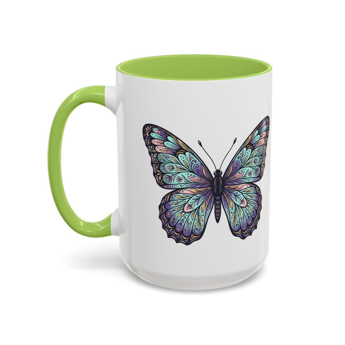 Butterfly Accent Coffee Mug — Teal Mandala Wing Design (11/15oz)
