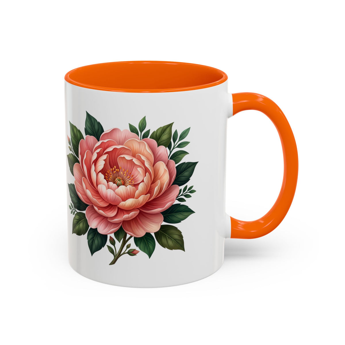 Floral Peony Accent Coffee Mug — Pink Rose Bloom Ceramic Cup
