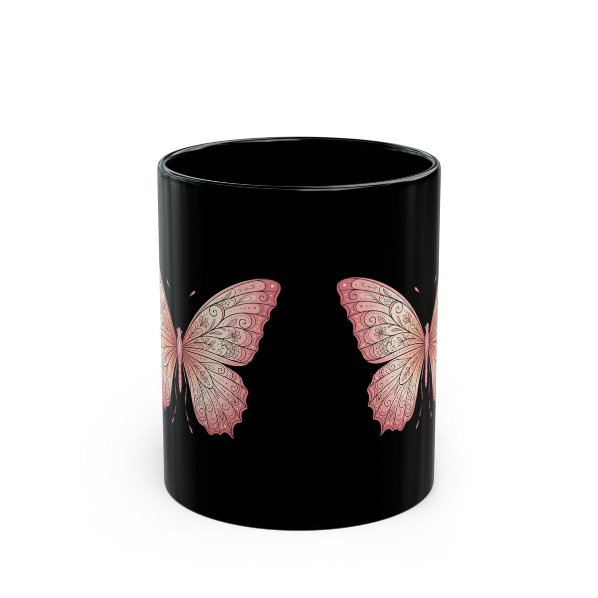 Pink Butterfly Black Mug — Elegant Floral Butterfly Ceramic Coffee Cup (11oz/15oz)