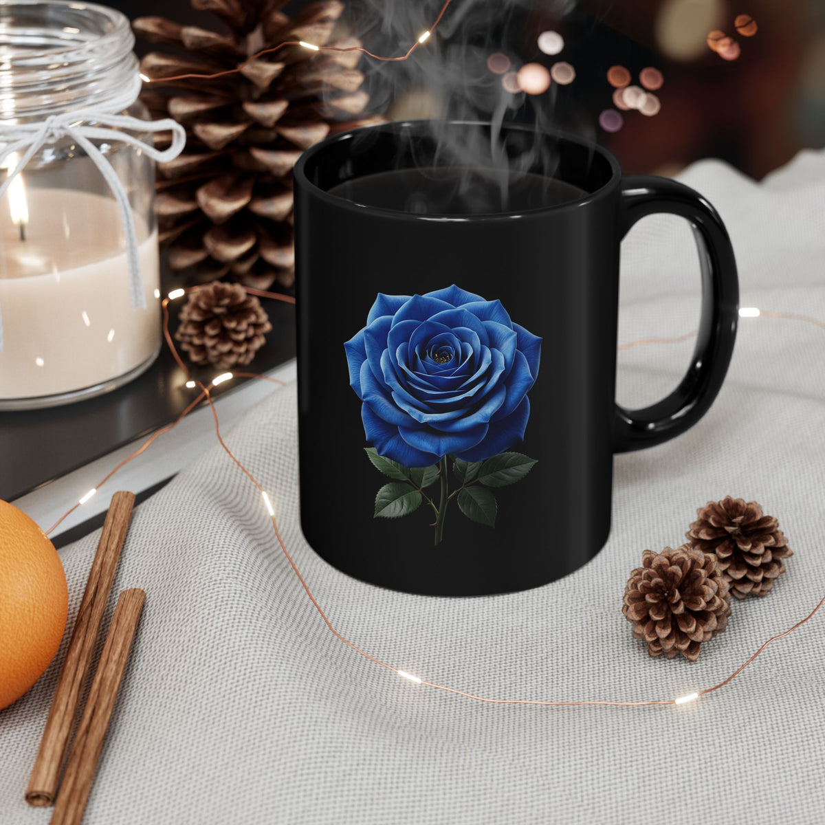Blue Rose Black Mug — Elegant Floral Coffee Cup (11oz/15oz)