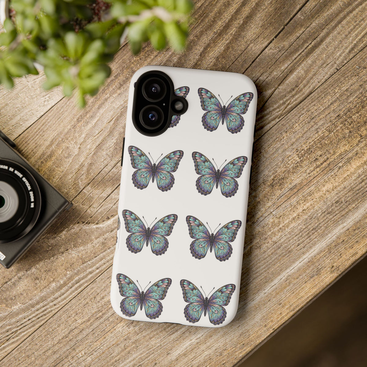 Butterfly Pattern Tough Phone Case — Vintage Teal Floral Protective Cover